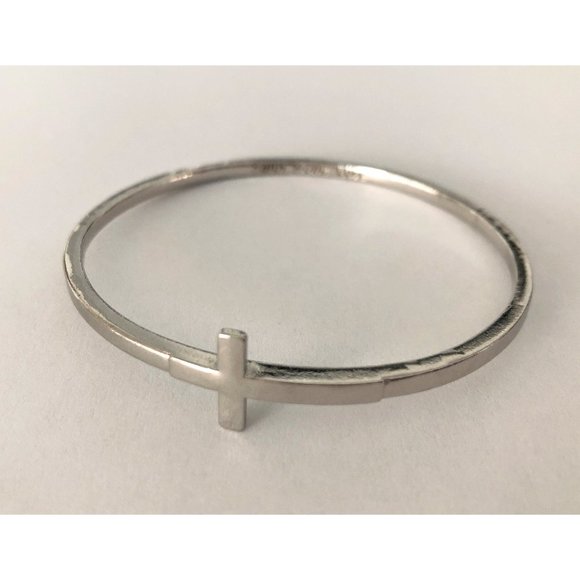 Silver Tone Pewter Sideways Cross Bangle Bracelet Faith Hope Love BSD Christian - Picture 5 of 7